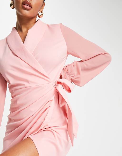 Unique21 wrap front sheer sleeve blazer dress in pink