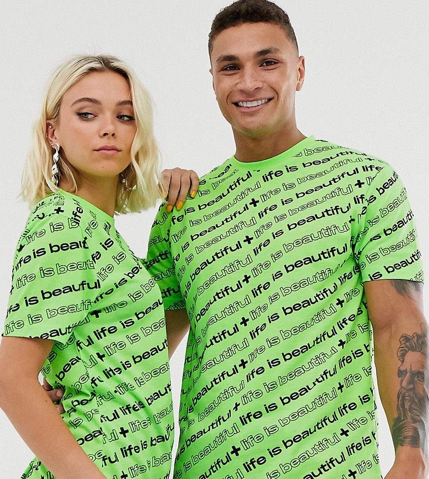 Unisex afslappet T-shirt med logoprint overalt fra LIFE IS BEAUTIFUL-Grøn