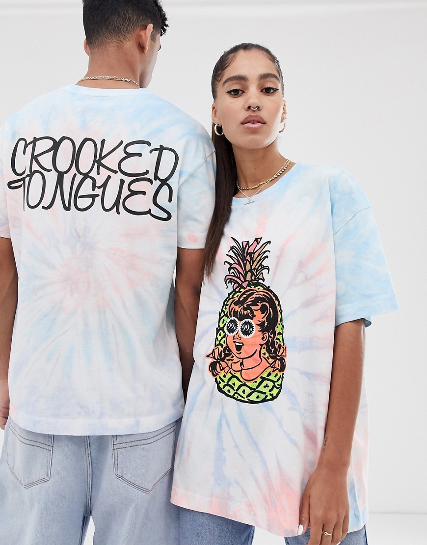 Unisex batikfarvet T-shirt med print på fronten fra Crooked Tongues-Multifarvet