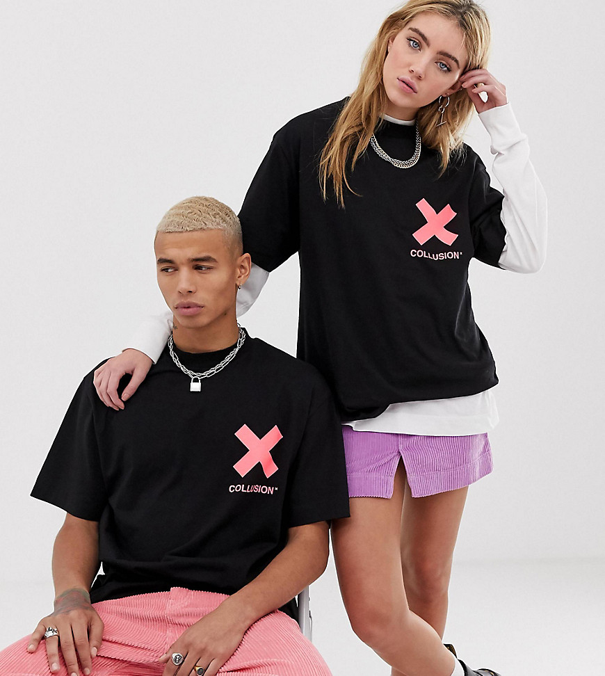 Unisex t-shirt med neonpink logo fra COLLUSION-Sort