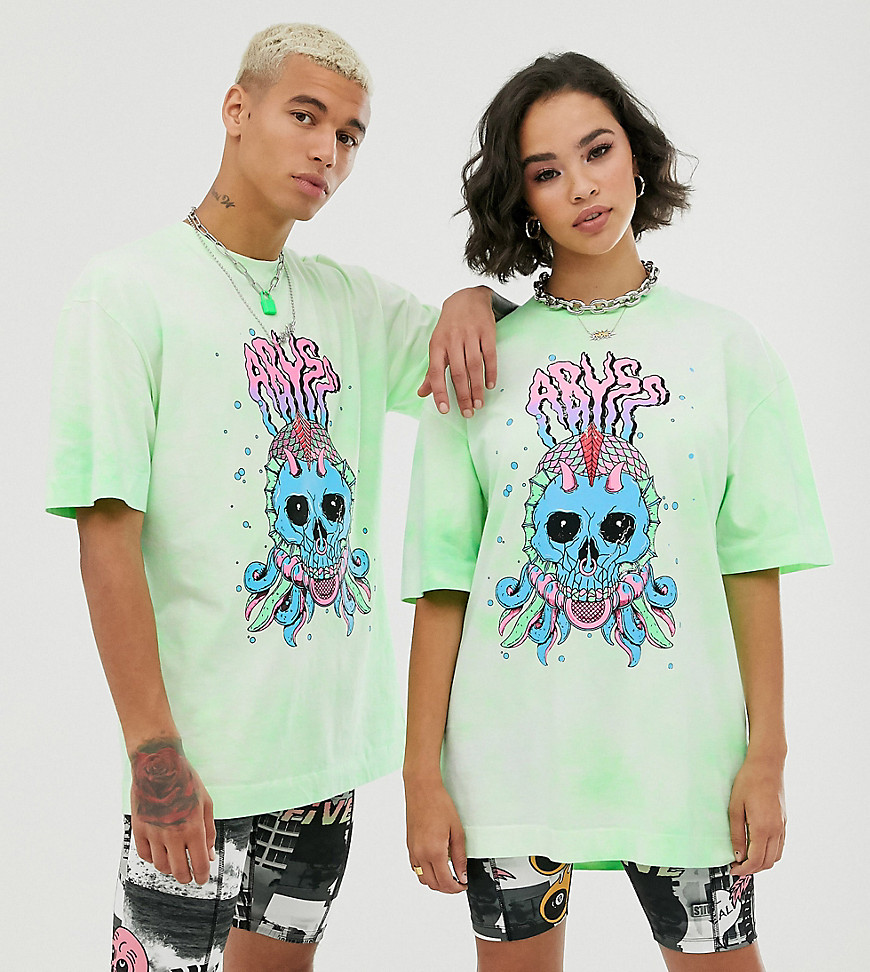 Unisex t-shirt med print i falmet neonfarvet batik fra Collusion-Grøn