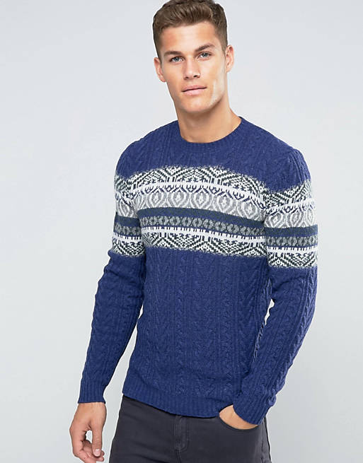 United Colors of Benetton Cable Knit Jumper with Fair Isle Panel | ASOS