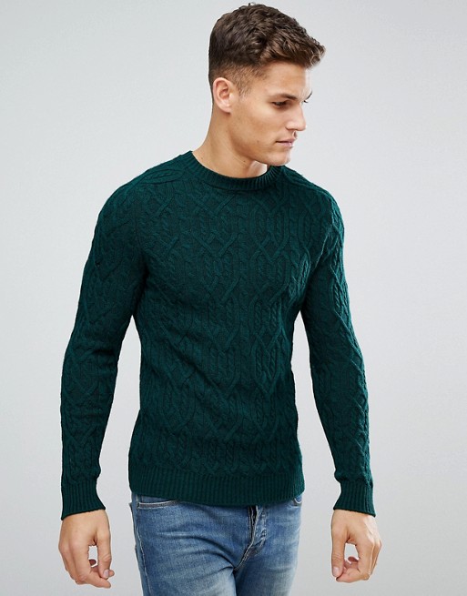 United Colors of Benetton Wool Mix Jumper In Cable Knit In Green | ASOS