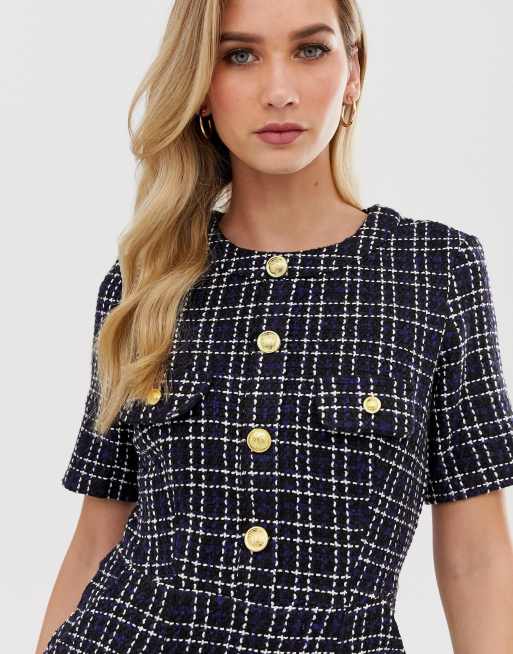 Checkerboard Strap Gold Tweed Dress - Women - Ready-to-Wear