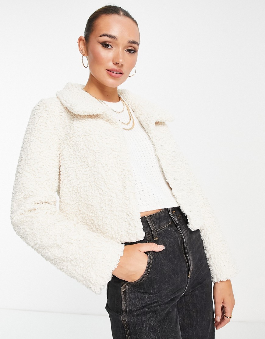 Unreal Fur borg cropped jacket in ivory-White
