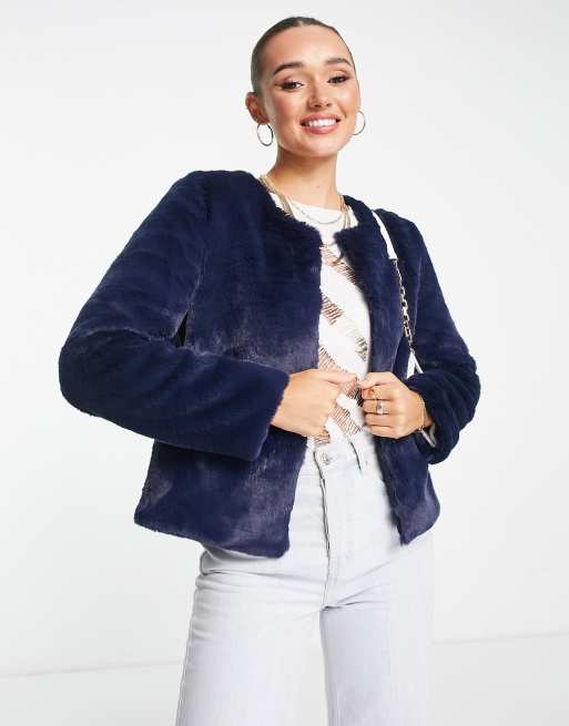 Unreal Fur collarless faux fur cropped jacket in navy ASOS