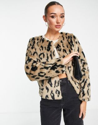 Unreal Fur collarless faux fur jacket in animal