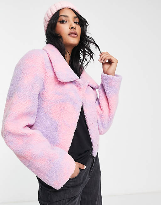 Unreal Fur contrast collar faux fur cropped jacket in multi | ASOS