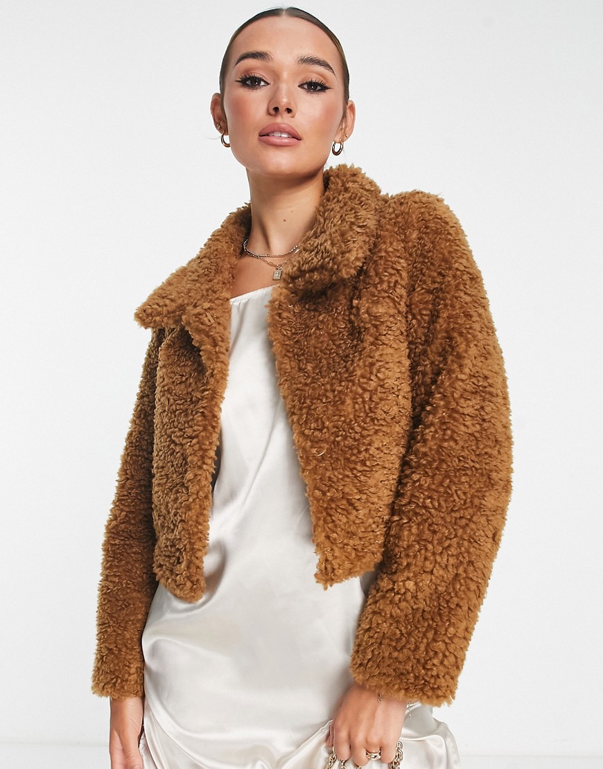 Unreal Fur faux fur cropped jacket in brown-Orange