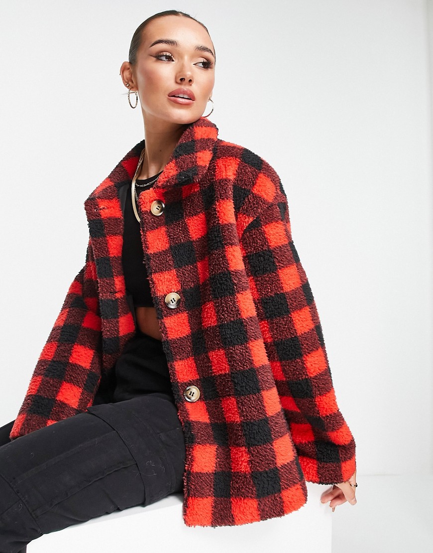 Unreal Fur Seashell button down teddy jacket in red multi