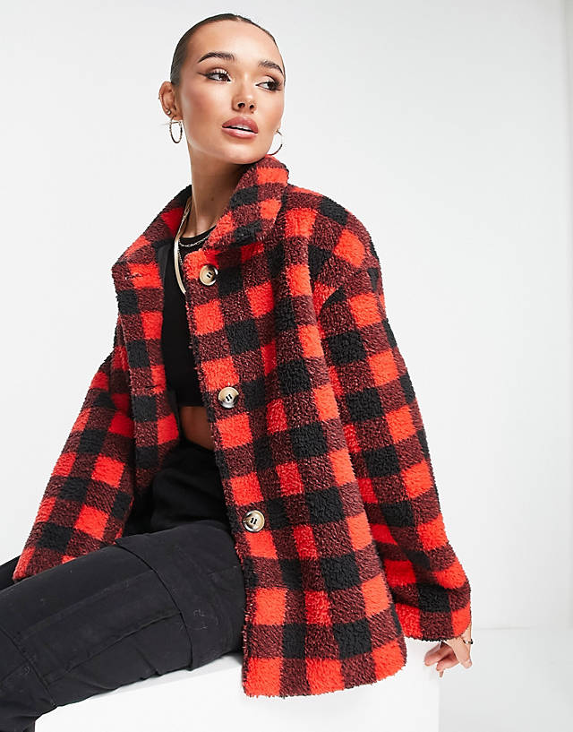 Unreal Fur - seashell button down teddy jacket in red multi