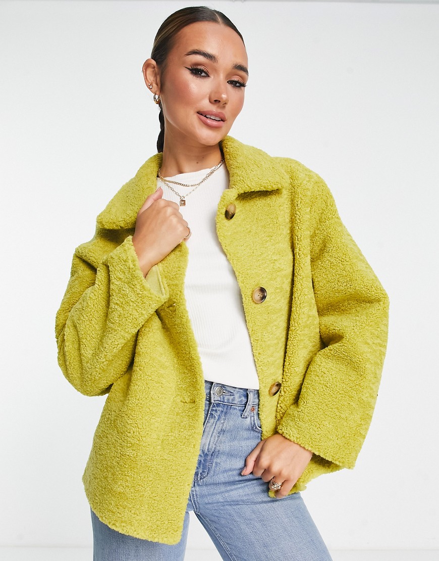 Unreal Fur Seashell button down teddy jacket in yellow