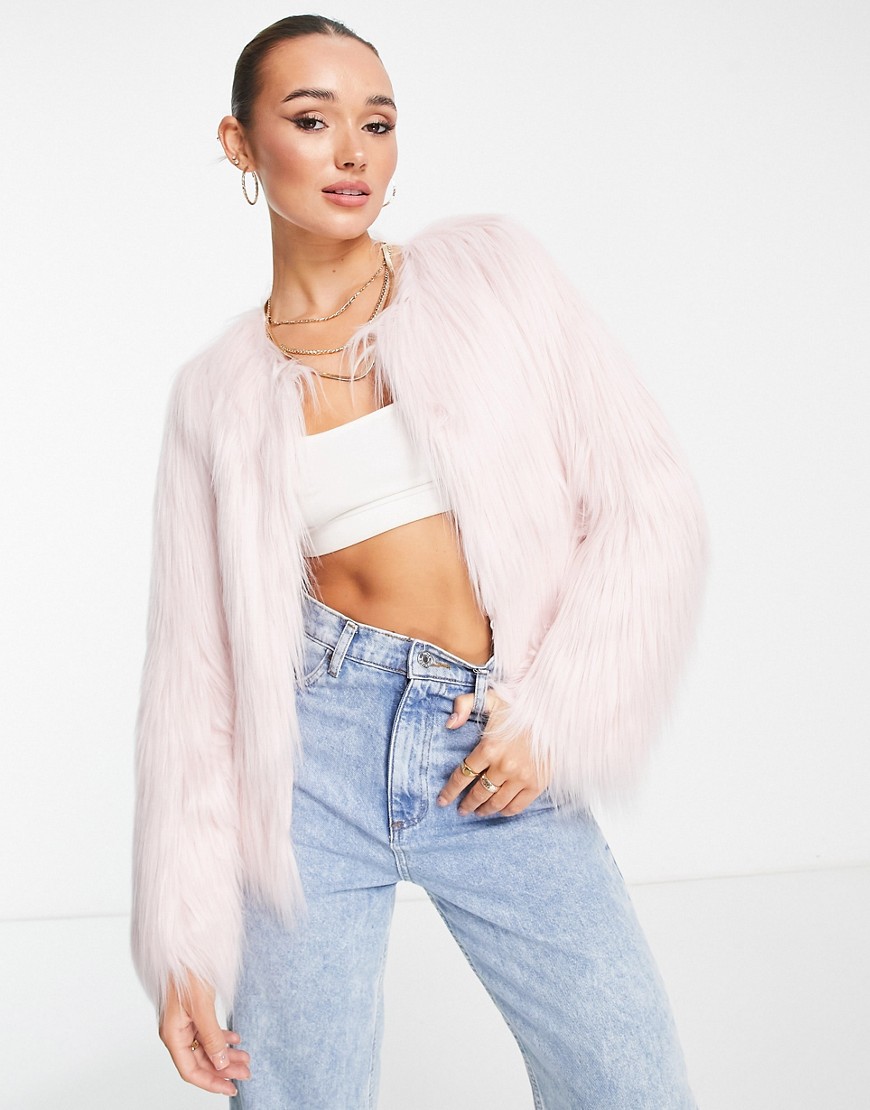 unreal fur unreal dream collarless faux fur jacket in pink