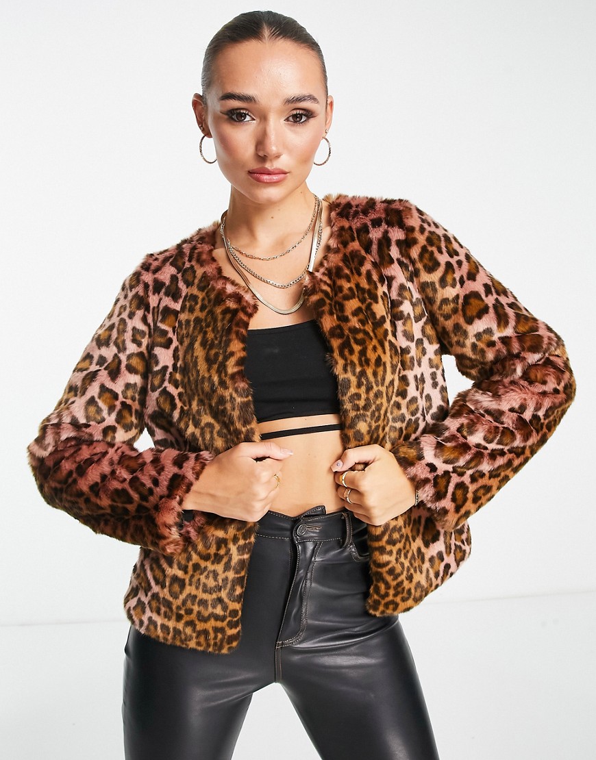 unreal fur urban tiger collarless faux fur jacket in multi