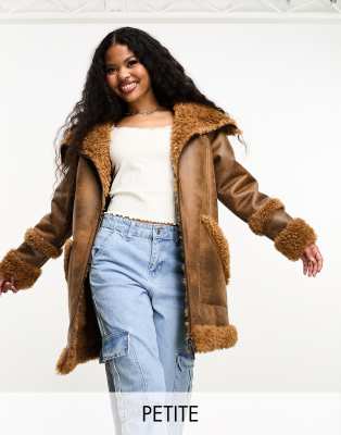 Urabncode Petite oversized aviator jacket with borg trims in honey-Neutral