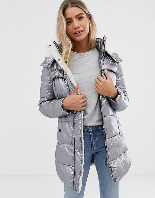 Urban Bliss Belle padded coat with borg lining in metallic | ASOS
