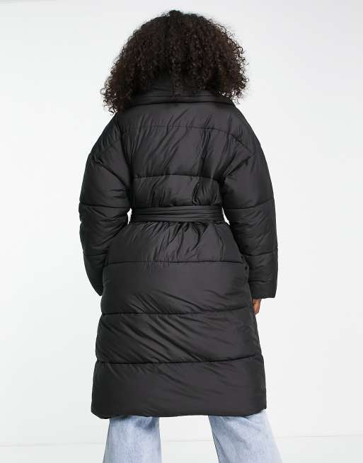 Pieces hooded longline padded coat in black