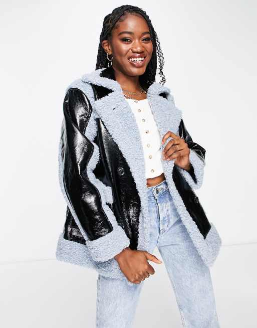 Urban Bliss Checkerboard Borg Jacket In Black And Cream for Women