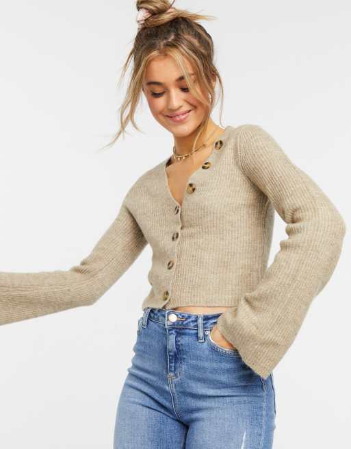 Urban Bliss button front cropped cardigan in beige ASOS