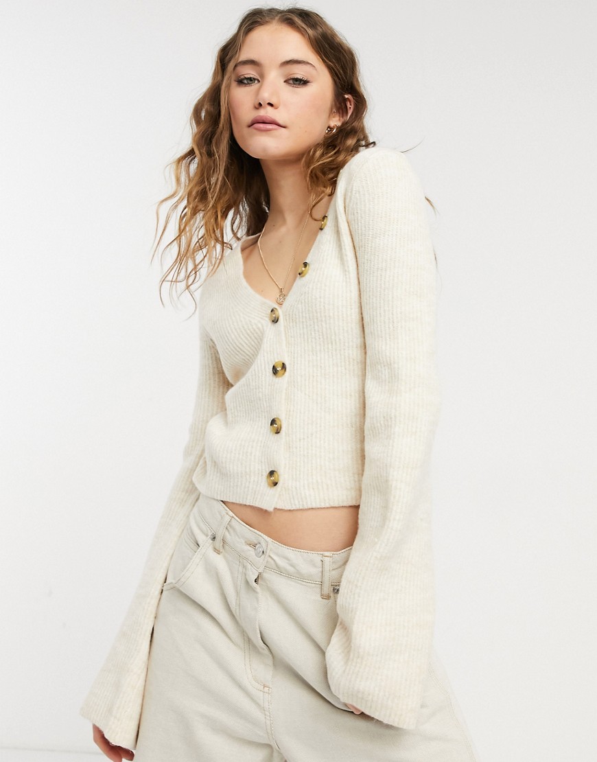 Urban Bliss button front cropped sweater in oatmeal-Neutral