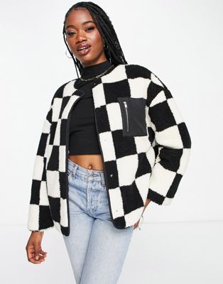 Urban Bliss checkerboard borg jacket in black and cream
