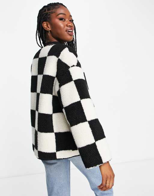 Urban Bliss checkerboard borg jacket in black and cream