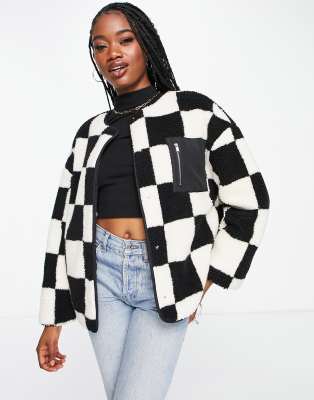 Urban Bliss checkerboard teddy borg jacket in black and cream