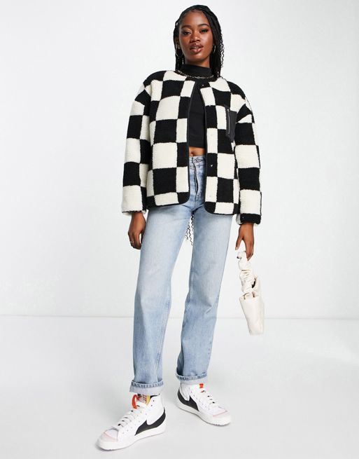 Urban Bliss Checkerboard Borg Jacket In Black And Cream for Women