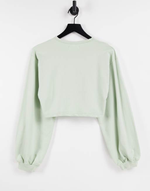 Urban Bliss co-ord volume sleeve crop sweatshirt in green, 2 of 4