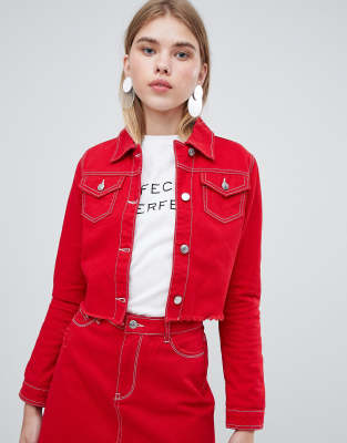 red denim skirt and jacket co ord