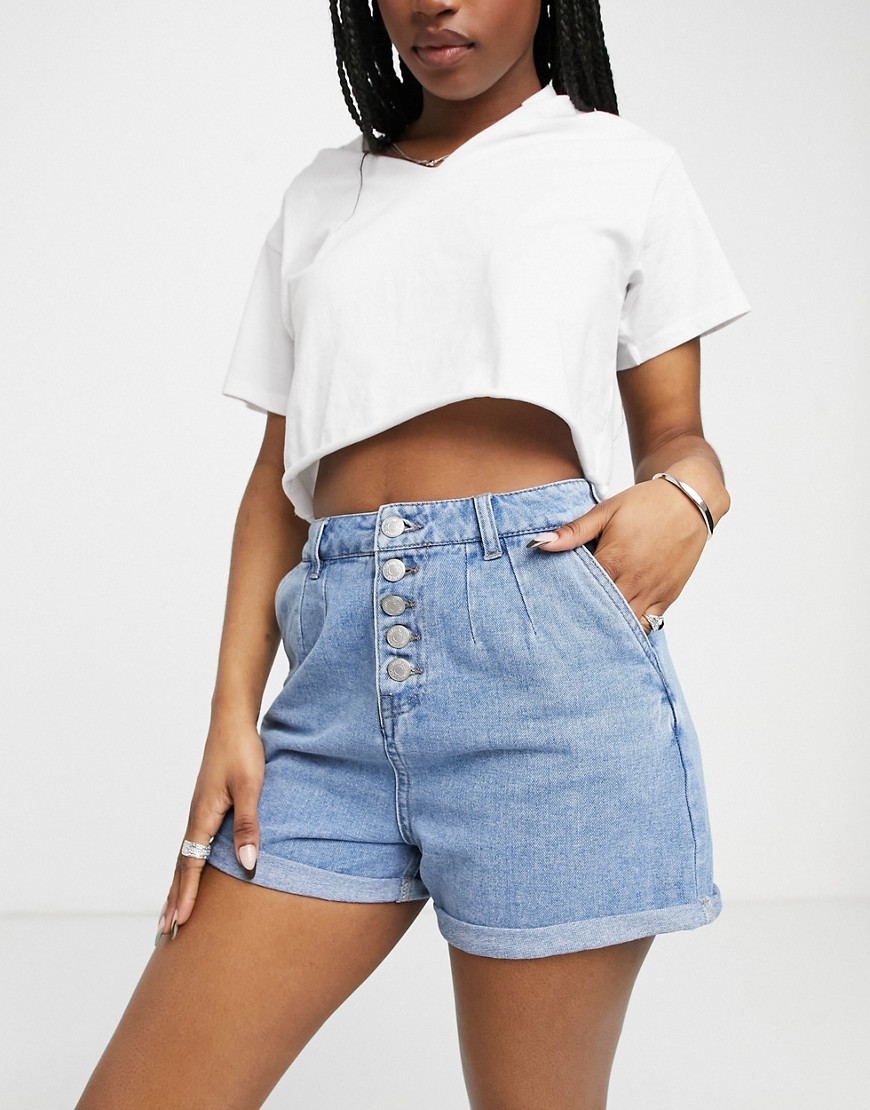 Urban Bliss exposed front button shorts in mid wash-Blues