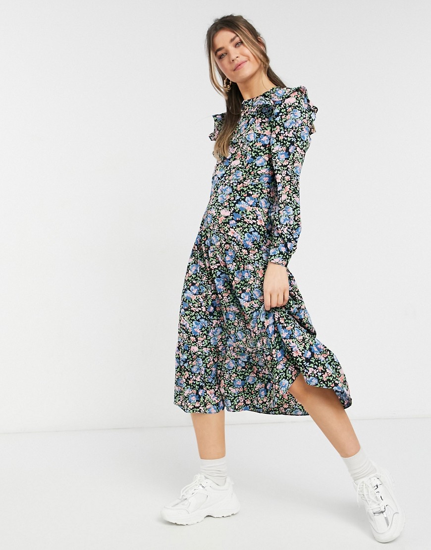 Urban Bliss fitted ruffle midi dress in floral-Black