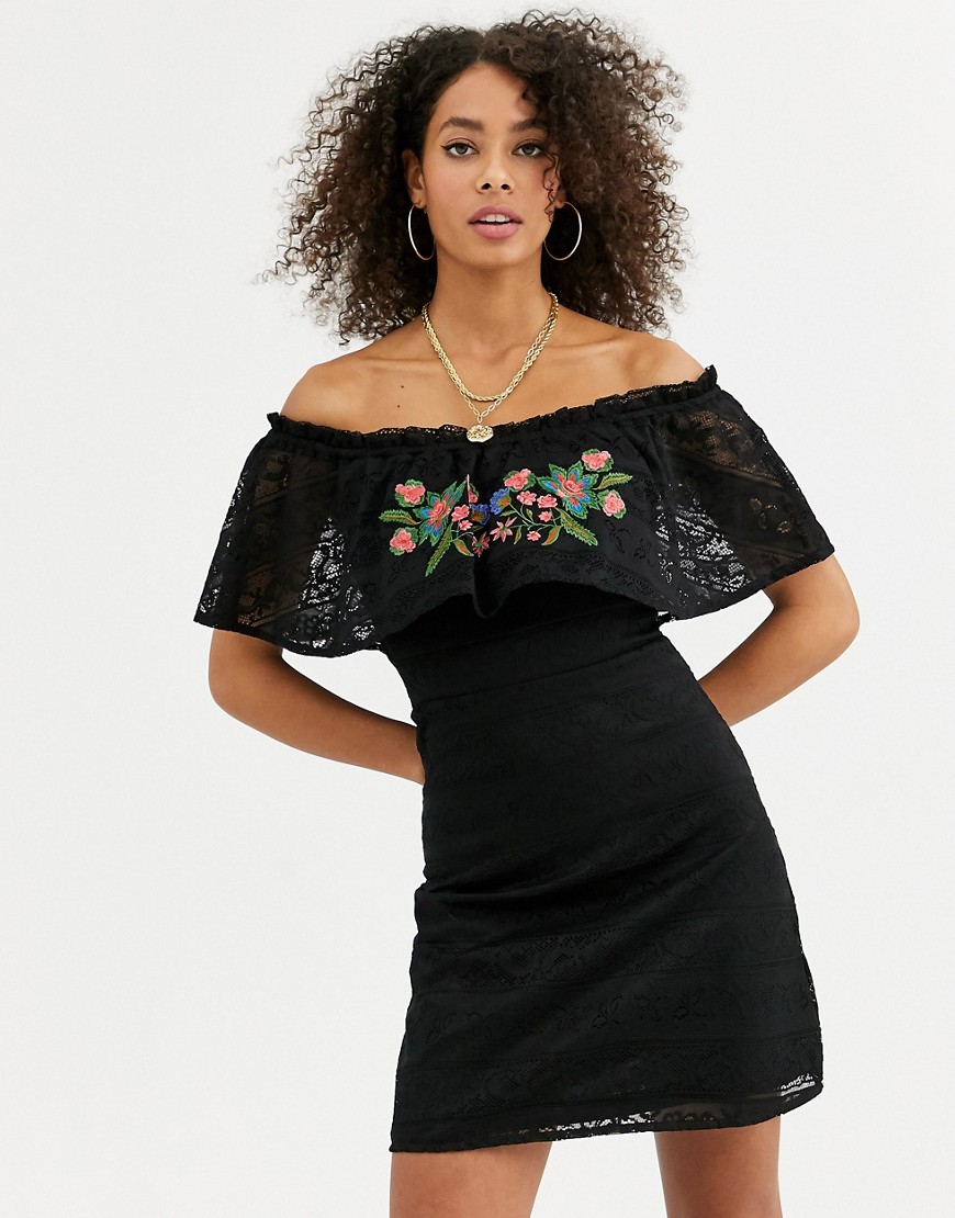Urban Bliss gara dress with embroidered lace overlay-Black