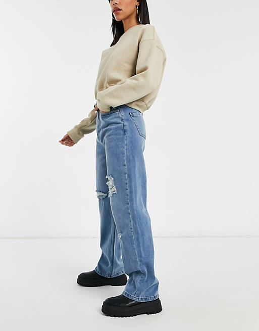 Urban Bliss - Højtaljede jeans med vidde i benene i lys vask med flænser