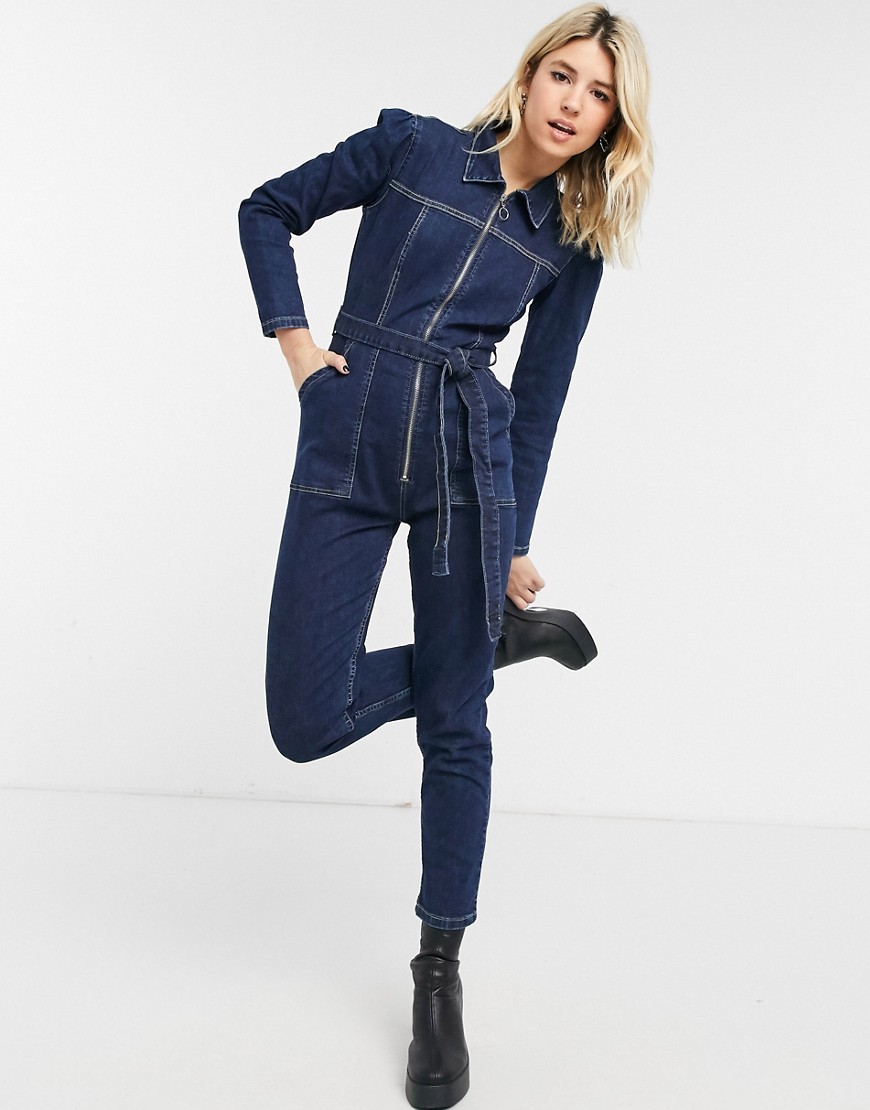 Urban Bliss - Jumpsuit met gestrikte taille en rits aan de voorkant in midwash-Blauw