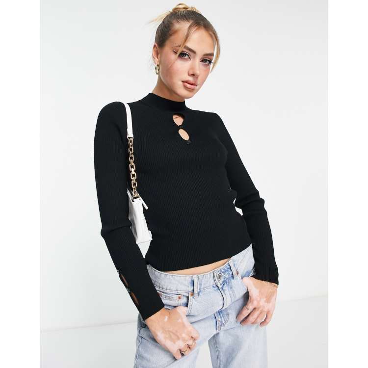 New Look open back long sleeved ribbed top in black