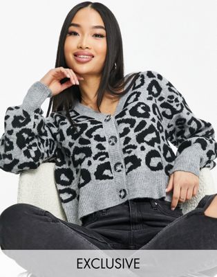 Urban Bliss knitted leopard print cardigan co-ord in grey