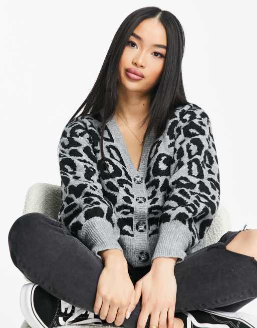 LEOPARD JACQUARD KNIT CARDIGAN: GRAY-BLACK - RANI ARABELLA