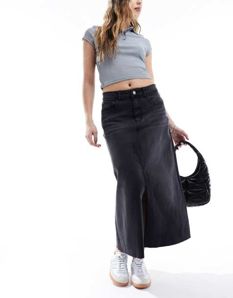 Urban Bliss - Lang maxinederdel i forvasket sort denim - view 1