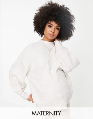 Urban Bliss Maternity balloon sleeve ribbed knitted jumper in cream