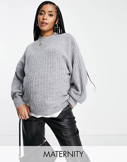 Urban Bliss Maternity balloon sleeve ribbed knitted jumper in grey
