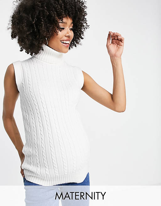 Urban Bliss Maternity high neck cable knitted sleeveless jumper in cream