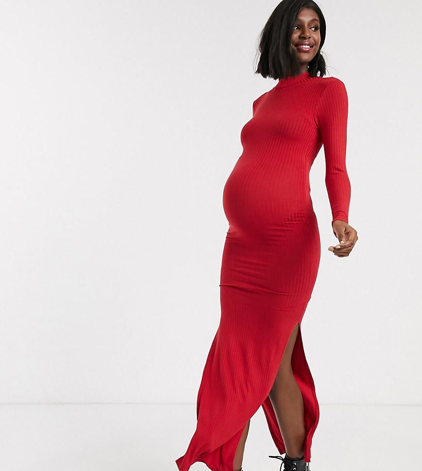 Urban Bliss - Maternity - Højhalset tætsiddende maxikjole med slids i siden-Rød