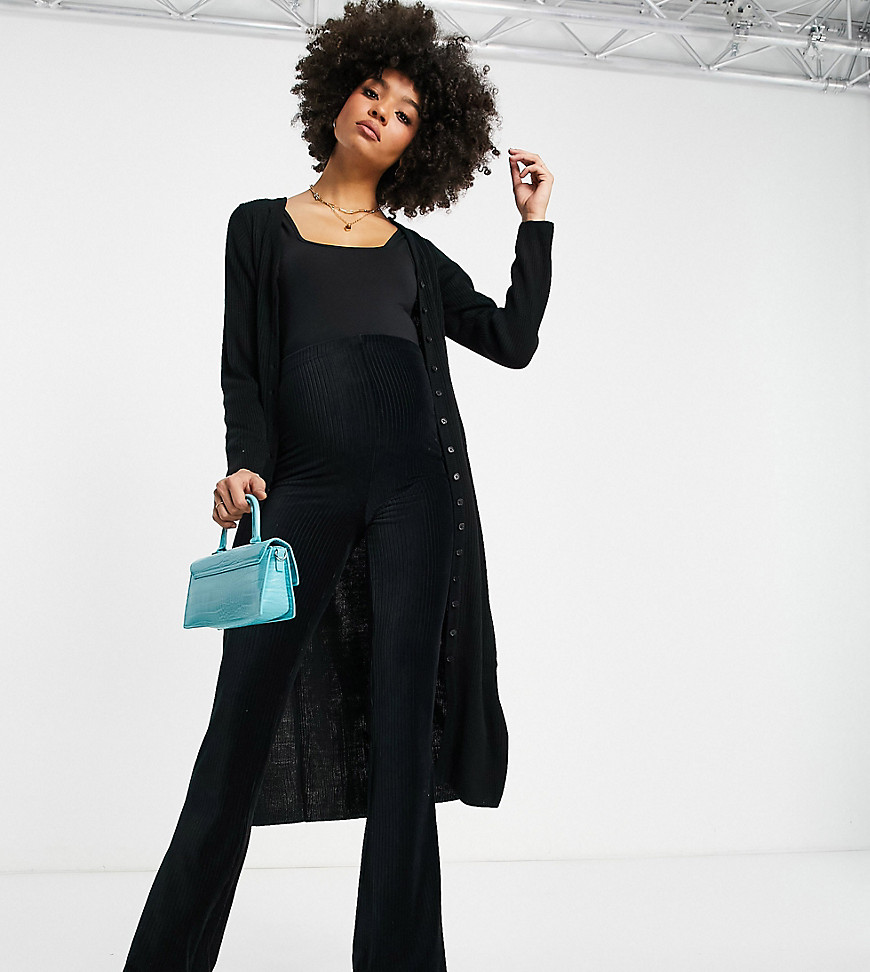 knitted rib midi cardigan in black - part of a set