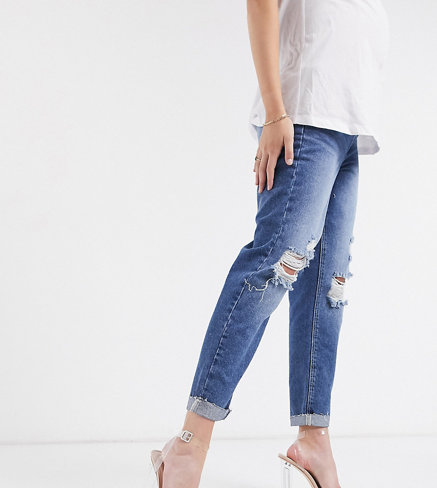 Urban Bliss Maternity mom leg jeans with rips in mid wash blue