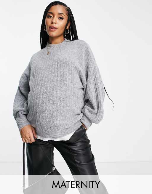 Urban Bliss Maternity – Prążkowany sweter z balonowymi rękawami szarej dzianiny dla kobiet w ciąży