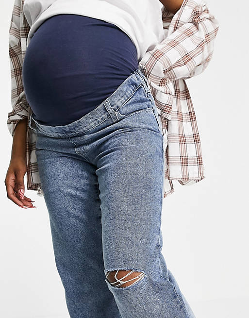 Women Urban Bliss Maternity slim straight leg jean with rips in light wash 