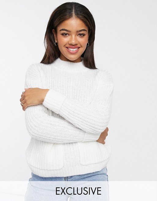 Urban Bliss mock neck knitted pocket jumper in white