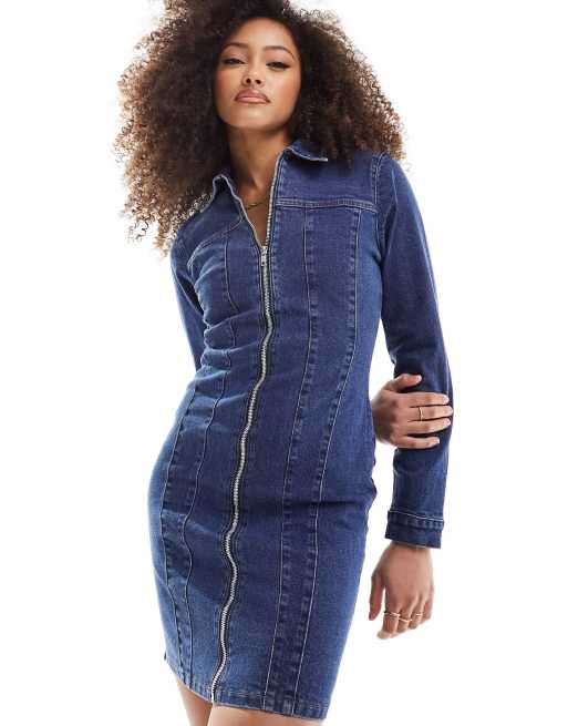 Urban Bliss – Niebieska jeansowa sukienka mini z ozdobnym szwem i długimi rękawami