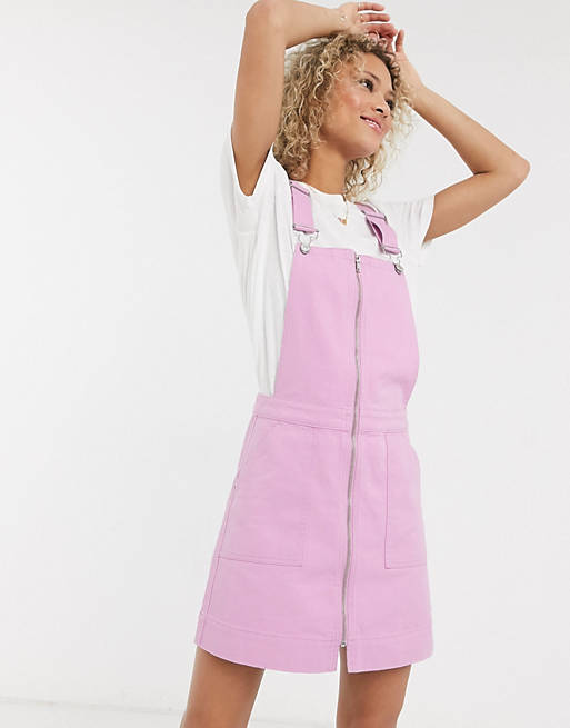 Urban Bliss overdyed pink denim overall dress in pink | ASOS